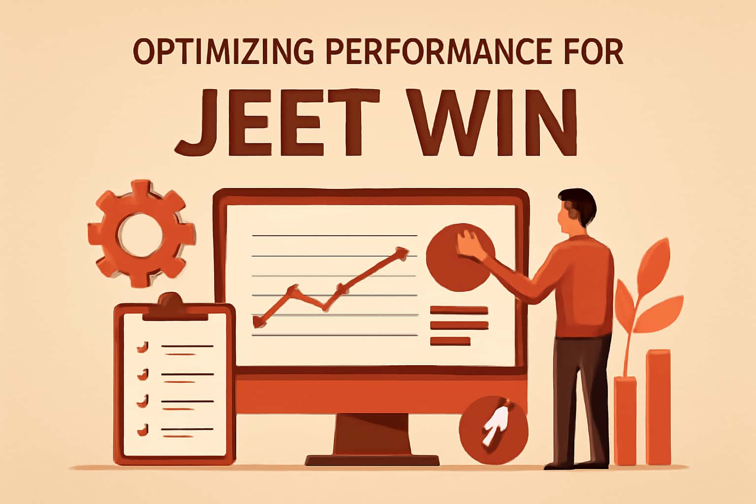 An illustration showing a collaborative workspace focused on optimizing performance for Jeet Win.